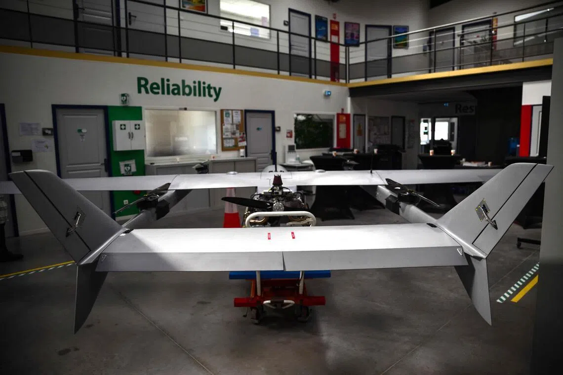 A drone at the Survey Copter factory, an Airbus subsidiary, in Pierrelatte, southern France.  At Survey Copter, a French SME integrated into Airbus, the European aerospace corporation is leaning on its know-how in helicopters to develop drones — which have become the sinews of modern warfare — and to make them cooperate with manned aircraft.