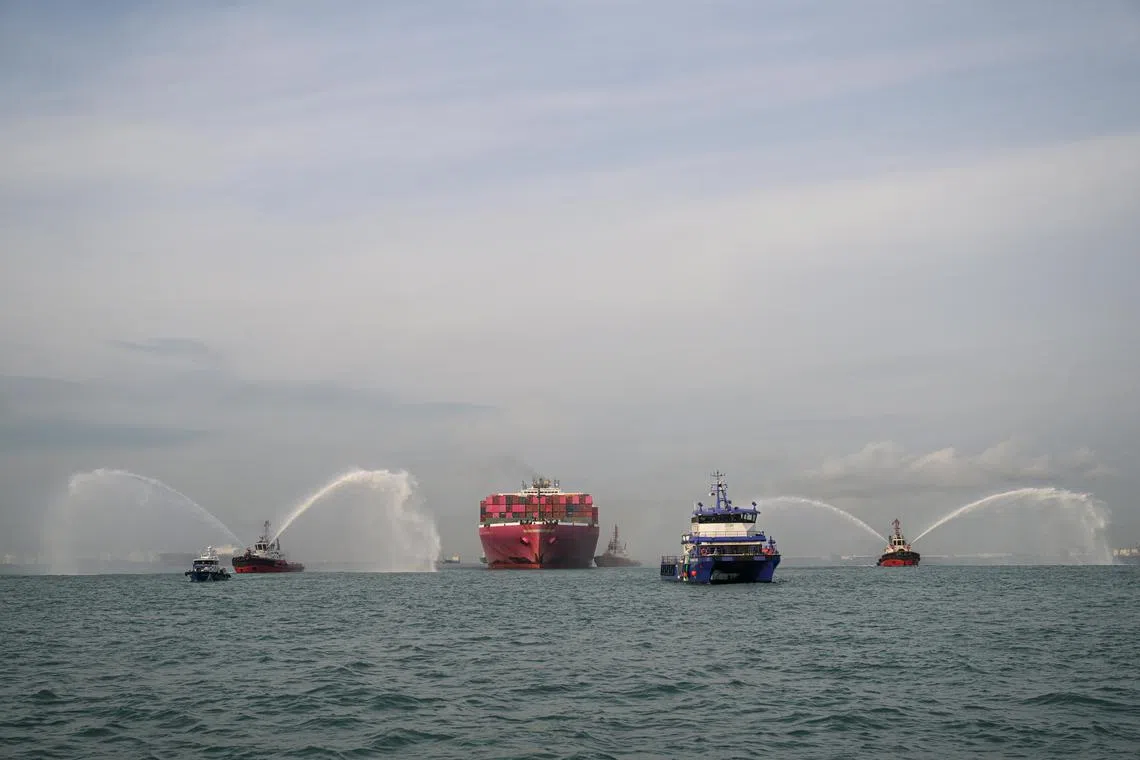 ST20231225_202302282037 elport25 Azmi

Embargo till Dec 26, 3pm

A water salute to the Ocean Network Express (ONE) ONE OLYMPUS vessel as it enters Singapore on Dec 25, setting a record three billion gross tons in annual vessel arrival tonnage.

ST PHOTO: AZMI ATHNI