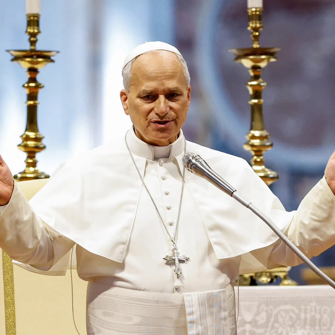 Pope Leo speaks during a weekly general audience in St. Peter's Basilica at the Vatican, August 5, 2026. REUTERS/Remo Casilli