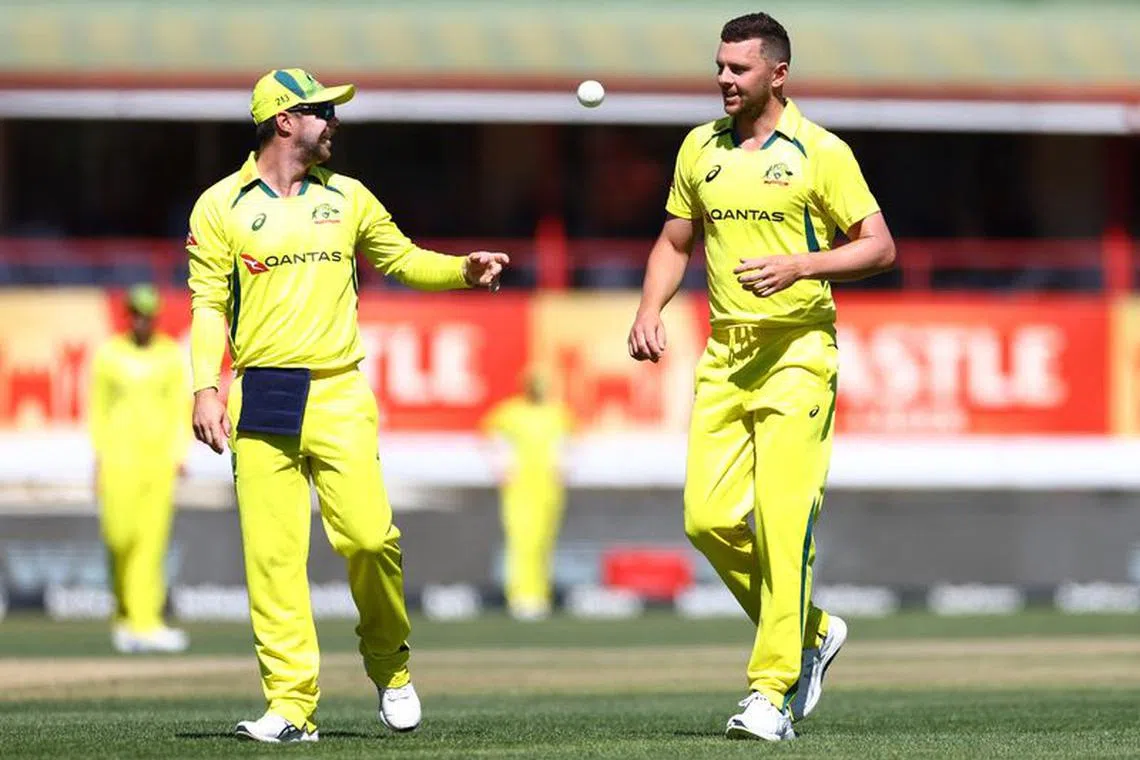 Cricket - First ODI - South Africa vs Australia - Mangaung Oval, Bloemfontein, South Africa - September 7, 2023 Australia's Josh Hazlewood and Travis Head during the match REUTERS/Siphiwe Sibeko/File Photo
