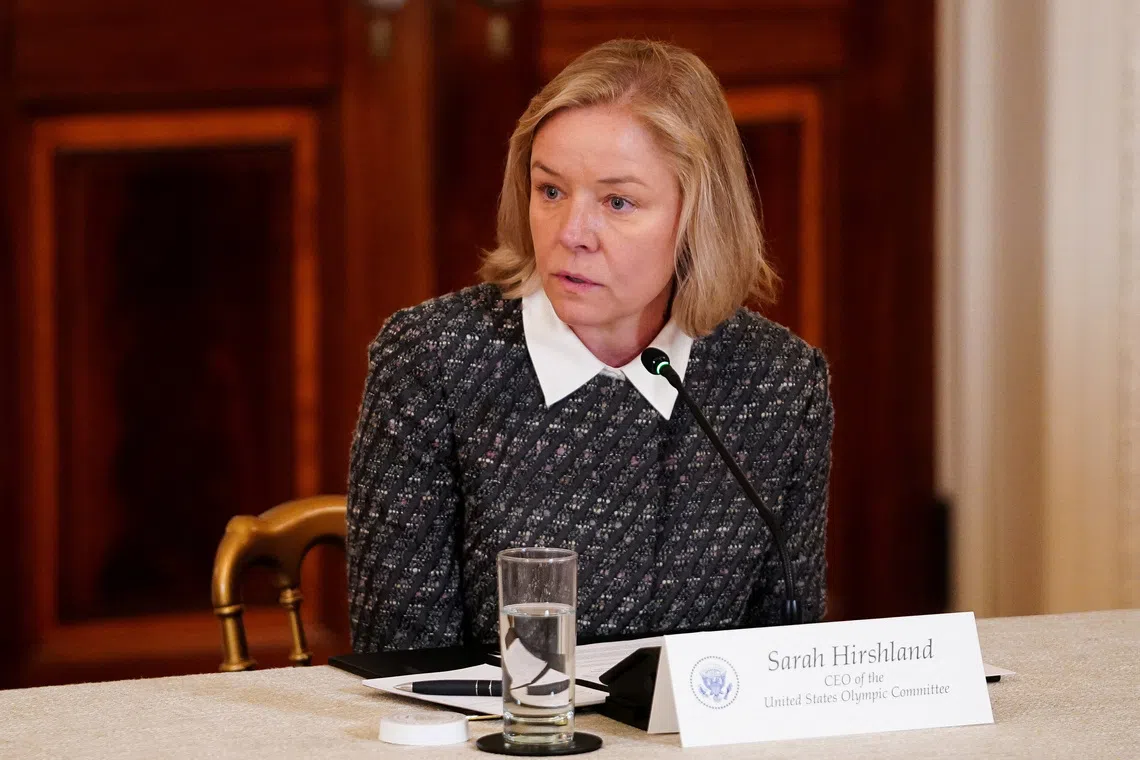 CEO of the U.S. Olympic and Paralympic Committee Sarah Hirshland speaks during a round table on collegiate sports in the White House in Washington, D.C., March 6, 2026. REUTERS/Nathan Howard
