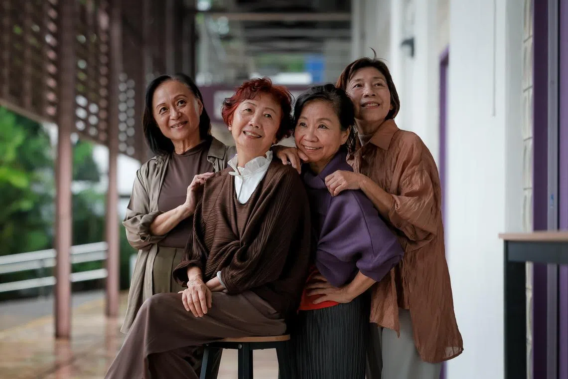 Cultural Medallion recipient Low Mei Yoke (brown top) with her friends Thong Meng Lan (orange top), Selina Tan Siew Lan (green top) and Jean Lee (purple top) at T.H.E dance studio at Goodman Arts Centre on Dec 18, 2024.