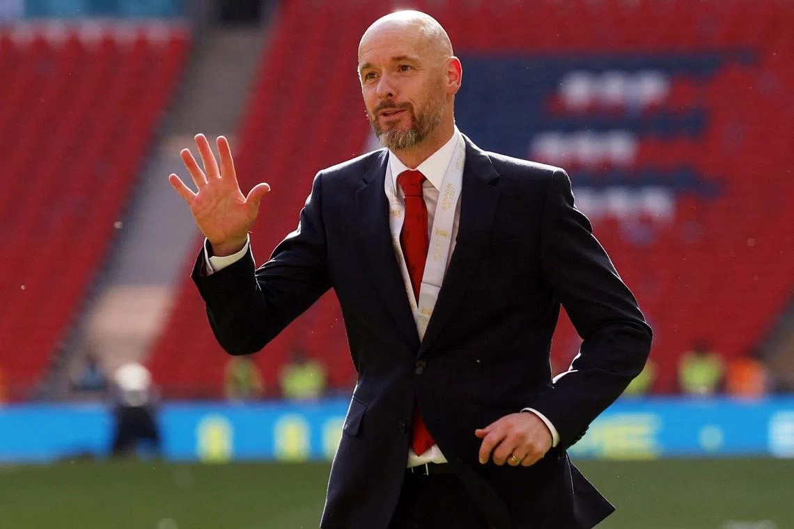 Manchester United manager Erik ten Hag celebrates after winning the FA Cup by beating Manchester City.