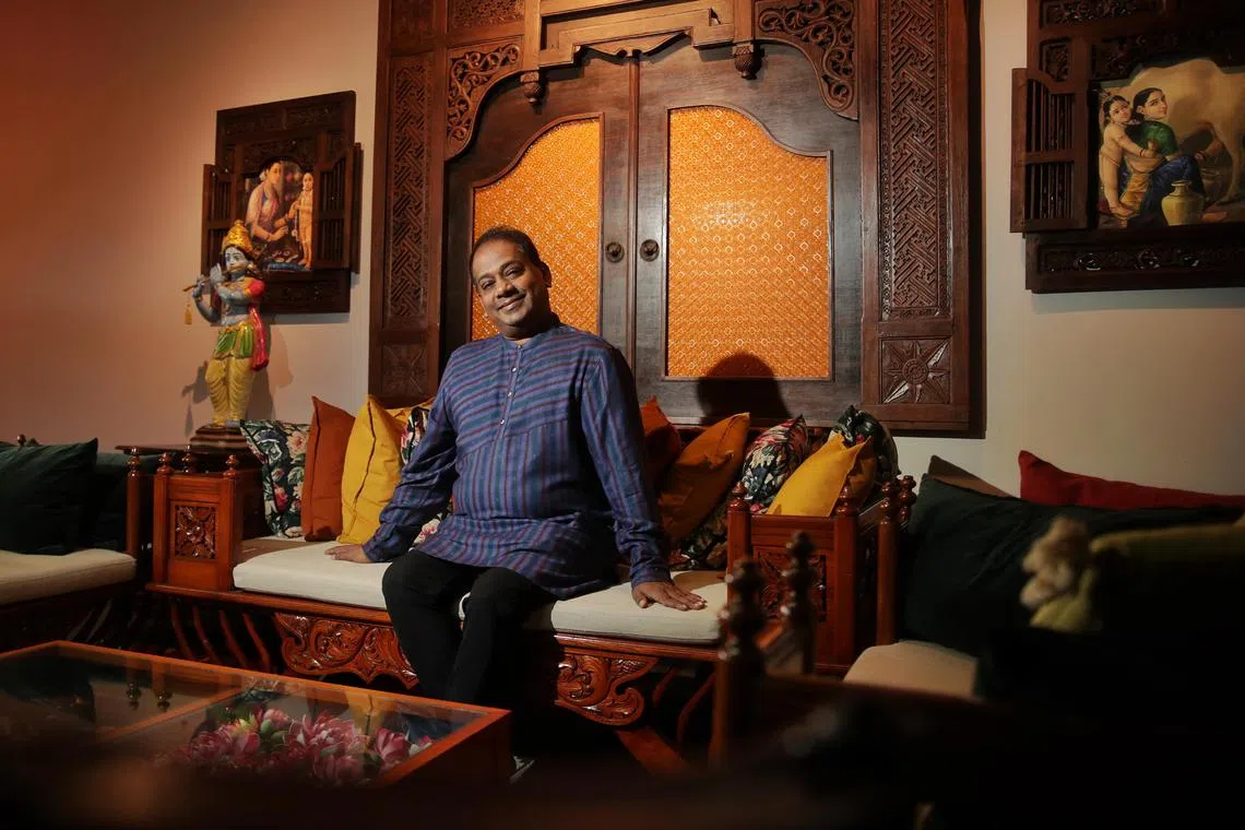 Aravinth Kumarasamy, 56, artistic director for Apsaras Arts.  He is one of two cultural medallion receipients this year, photographed at Goodman Arts Centre on Nov 28, 2022.