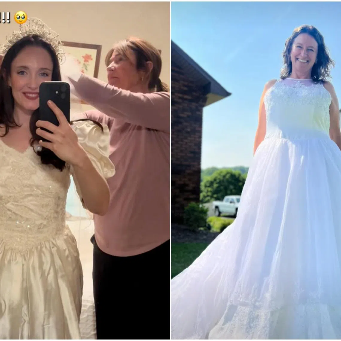 Ms Joan Daly (left) said the unboxing video, which she posted on TikTok, received around 10,000 views. On the right, Ms Tara Clark unboxing her 25-year-old sleeveless wedding dress.