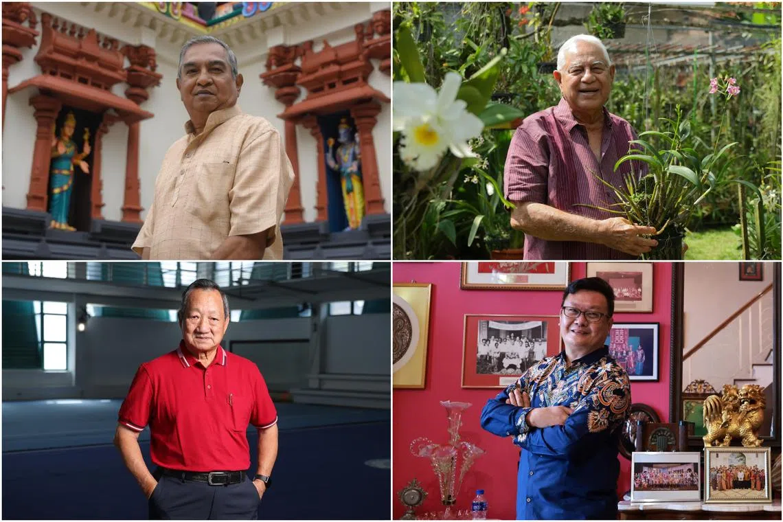 (Clockwise from top left) Mr Balakrishnan Ramasamy, Mr Syed Yusof Alsagoff, the Gunong Sayang Association represented by its president Alvin Teo, and the Singapore Wushu Dragon and Lion Dance Federation represented by its president Ang Mong Seng will be recognised by NHB for promoting and passing on their skills and traditions.