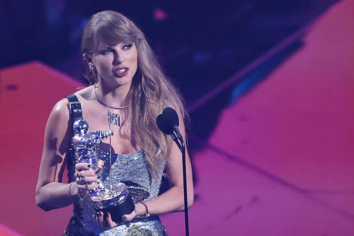 Taylor Swift accepts the award for Video of the Year for Fortnight during the 2024 MTV Video Music Awards in Elmont, New York, on Sept 11.