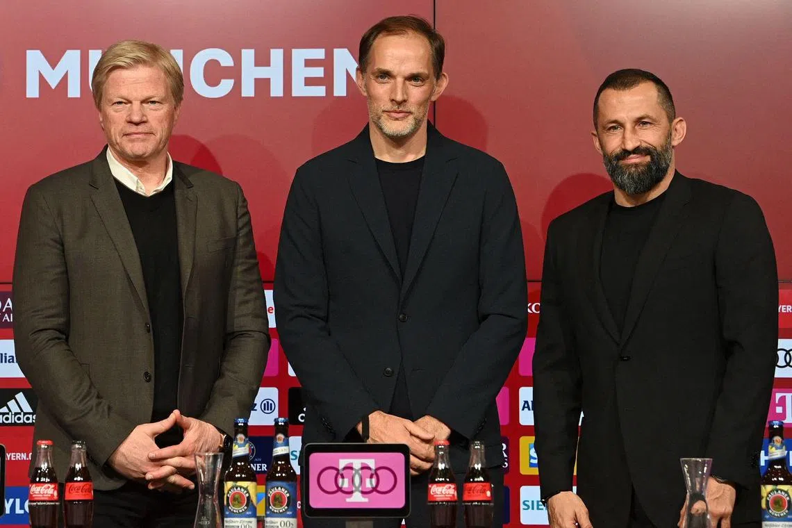 From left: Bayern Munich's CEO Oliver Kahn, coach Thomas Tuchel and sporting director Hasan Salihamidzic at Tuchel's unveiling on March 25. Salihamidzic and Kahn were sacked last week.