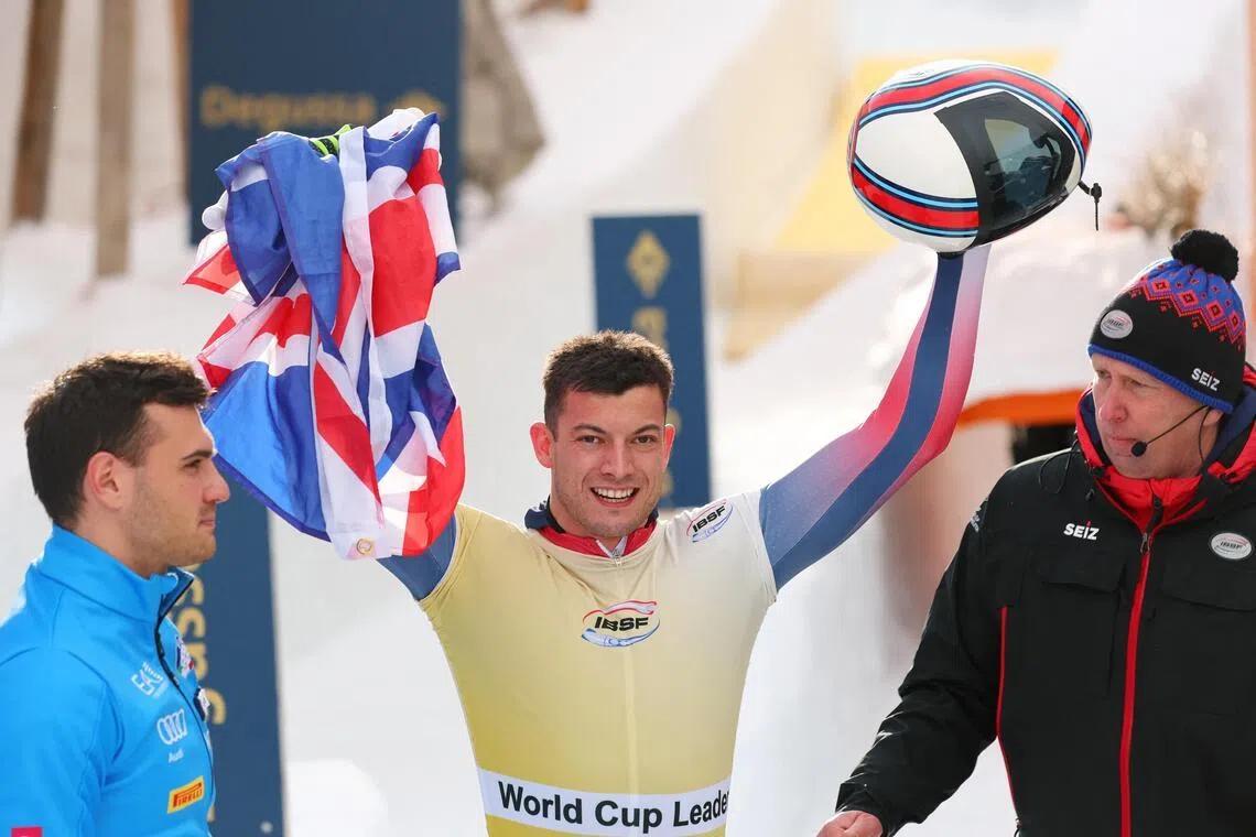 Britain's Matt Weston celebrates after winning the men's skeleton at the IBSF World Championships at the St. Moritz-Celerina Olympia Bobrun track in Switzerland on Jan 9, 2026.