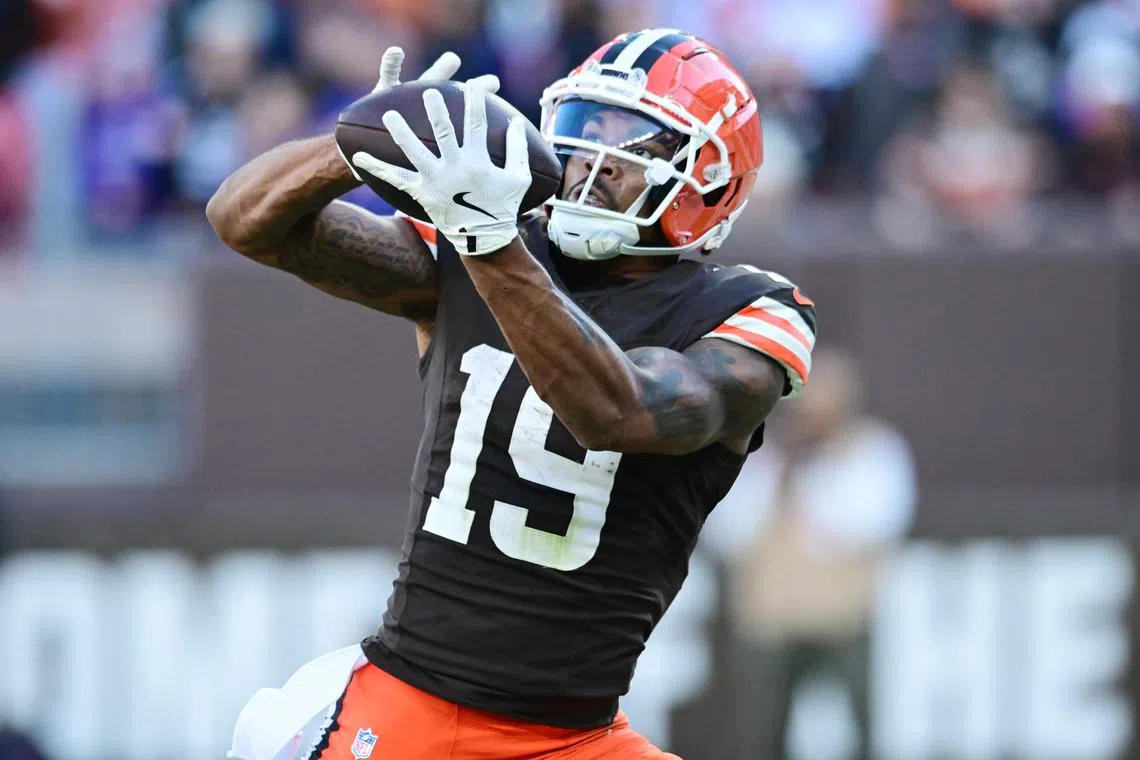 FILE PHOTO: Oct 27, 2024; Cleveland, Ohio, USA; Cleveland Browns wide receiver Cedric Tillman (19) catches a touchdown during the fourth quarter against the Baltimore Ravens at Huntington Bank Field. Mandatory Credit: Ken Blaze-Imagn Images/File Photo