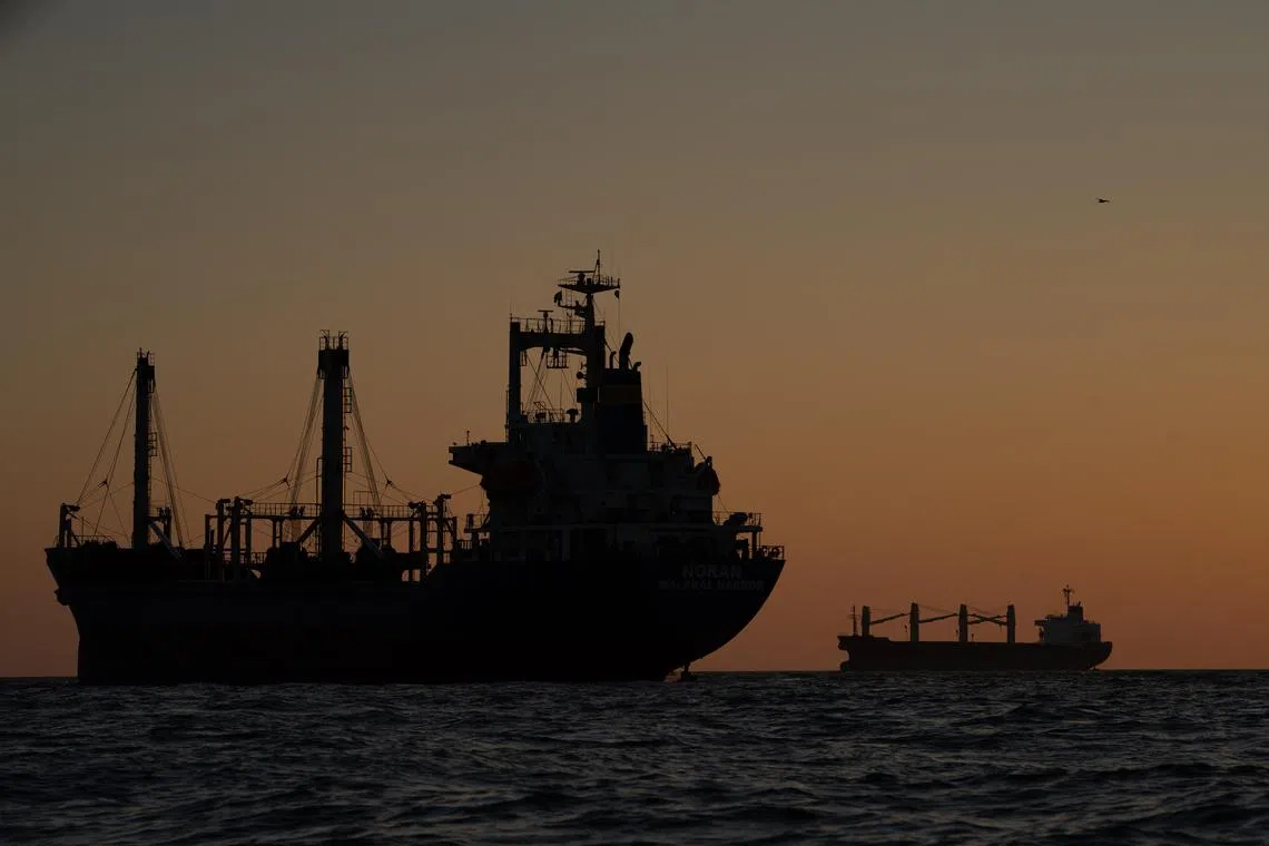 FILE Ñ Cargo ships in the Black Sea off the coast of Romania, on Aug. 5, 2023. RussiaÕs Ministry of Defense released a video on Aug. 15 that shows part of a naval operation in which military personnel landed by helicopter on a cargo ship on the Black Sea. (Andreea Campeanu/The New York Times)