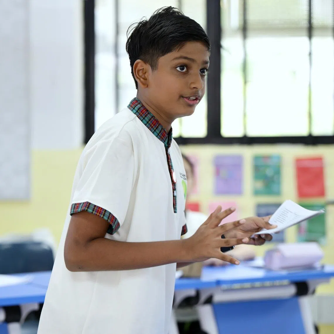 Blangah Rise Primary School pupil Sri Raman Rajaraman at an after-school debate programme.