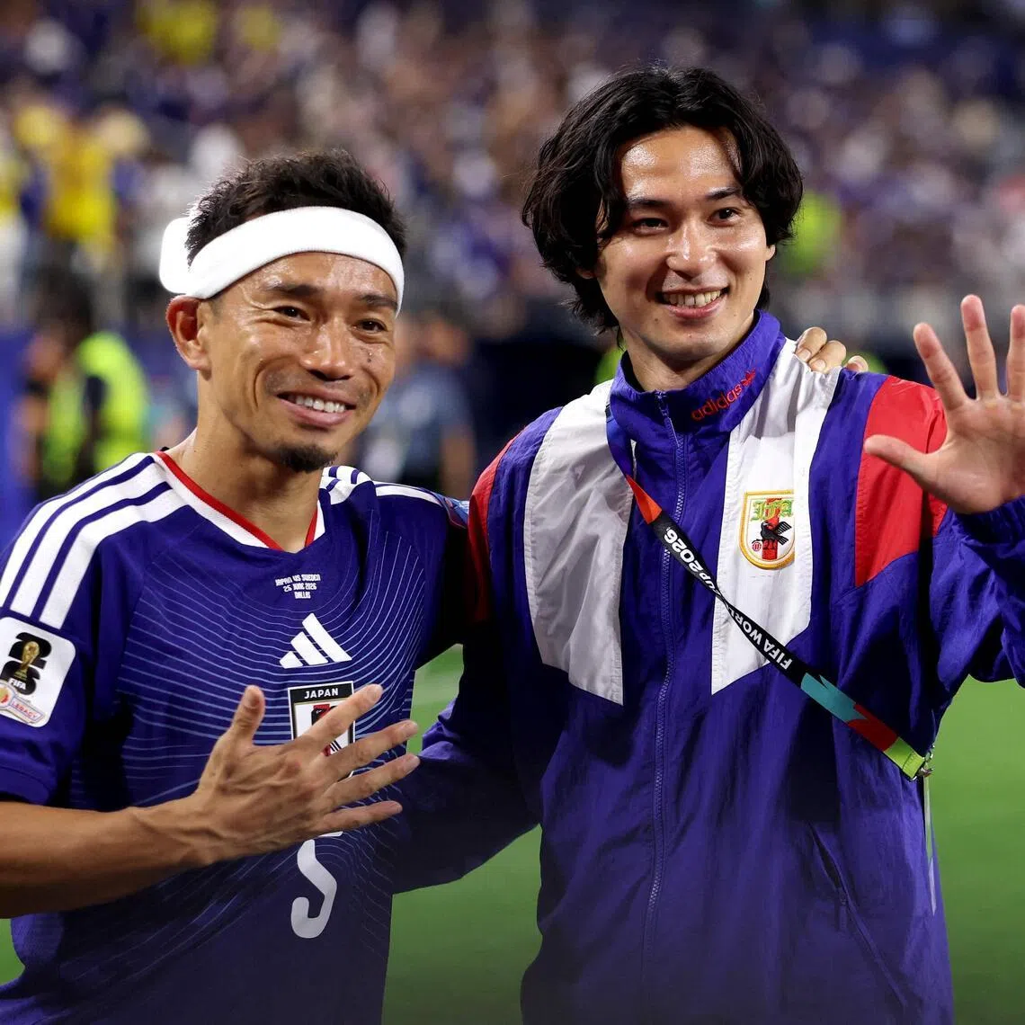 Yuto Nagatomo #5 and Takumi Minamino react after the 1-1 draw in the FIFA World Cup 2026 Group F match between Japan and Sweden at Dallas Stadium on June 25, 2026 in Arlington, Texas.