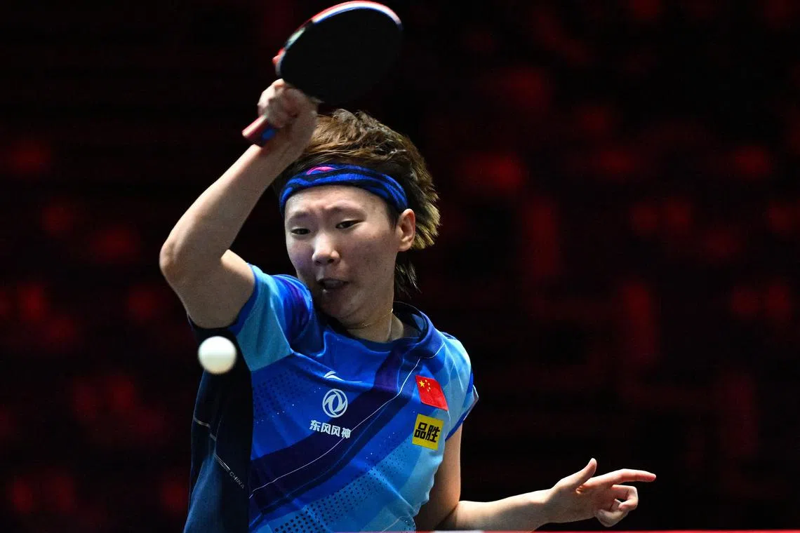 China's Wang Manyu in action at the Women's Singles of the World Table Tennis Singapore Smash 2023 at OCBC Arena, 12 March 2023.