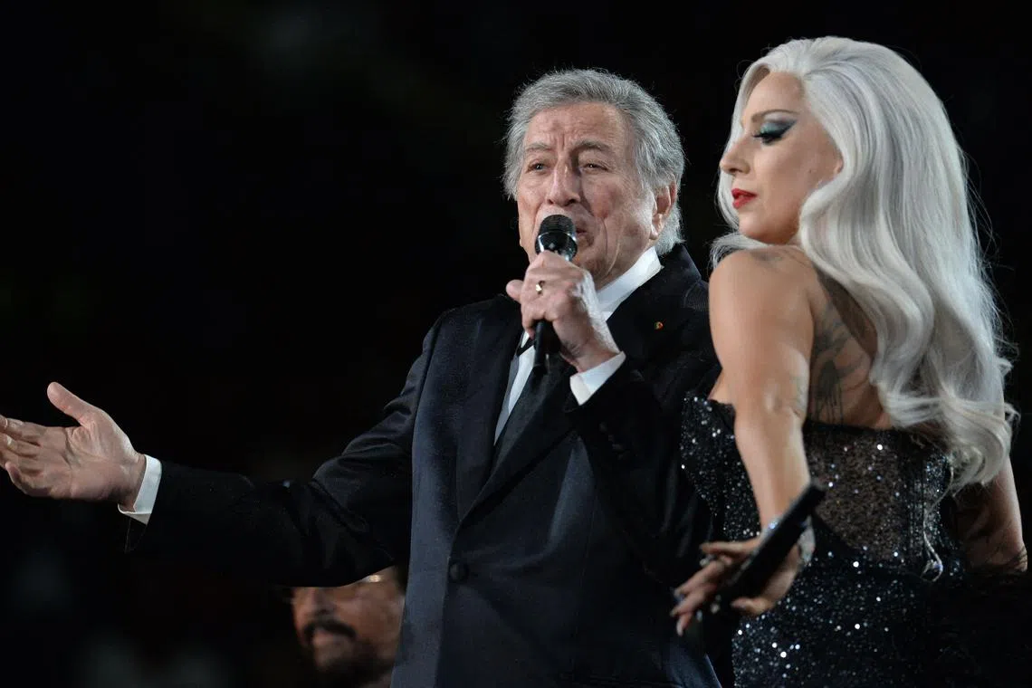 Lady Gaga and Tony Bennett perform on stage at the 57th Annual Grammy Awards in Los Angeles, on Feb 8, 2015.