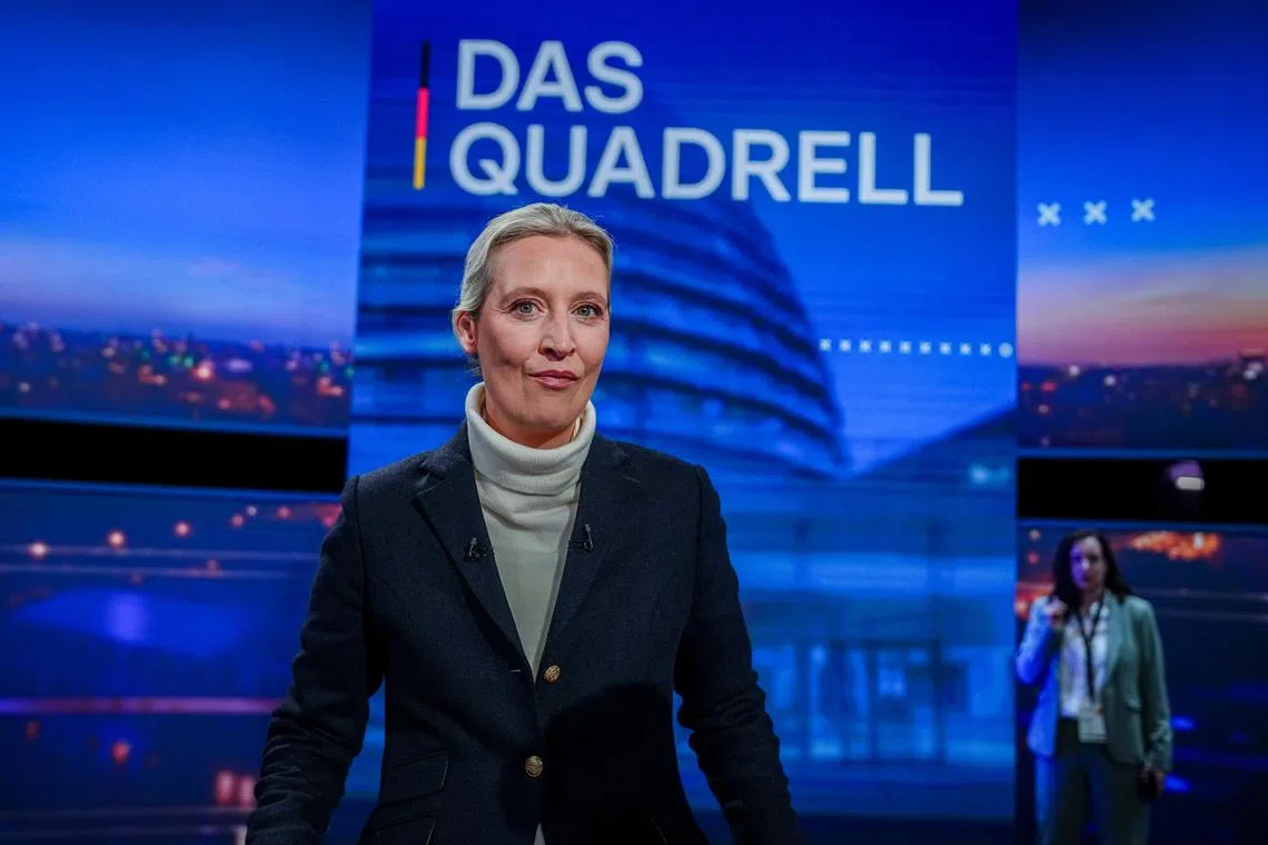 AfD party co-leader and chancellor candidate Alice Weidel at the TV debate 'Quadrell' on the German federal election campaign on Feb 16.