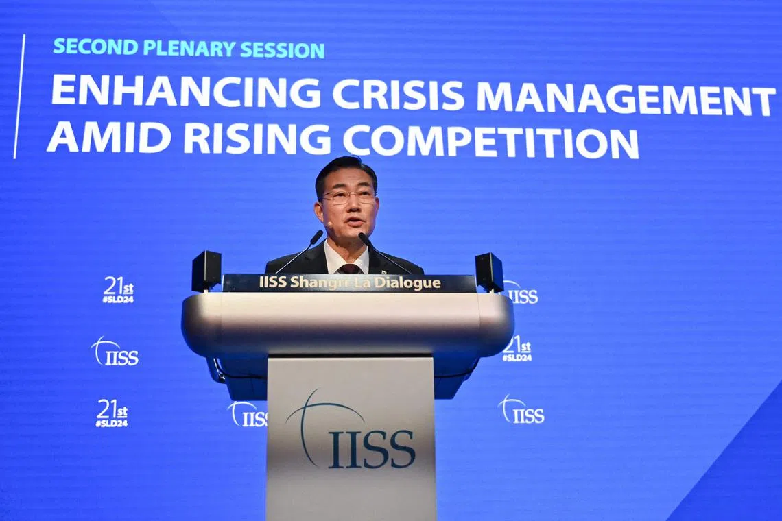 South Korea's Defence Minister Shin Won-sik speaks at the 21st Shangri-La Dialogue summit in Singapore on June 1, 2024. (Photo by NHAC NGUYEN / AFP)