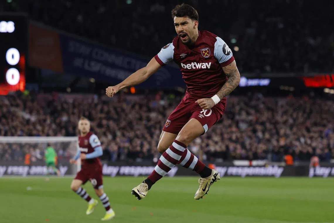 Soccer Football - Europa League - Round of 16 - Second Leg - West Ham United v SC Freiburg - London Stadium, London, Britain - March 14, 2024 West Ham United's Lucas Paqueta celebrates scoring their first goal Action Images via Reuters/Andrew Couldridge