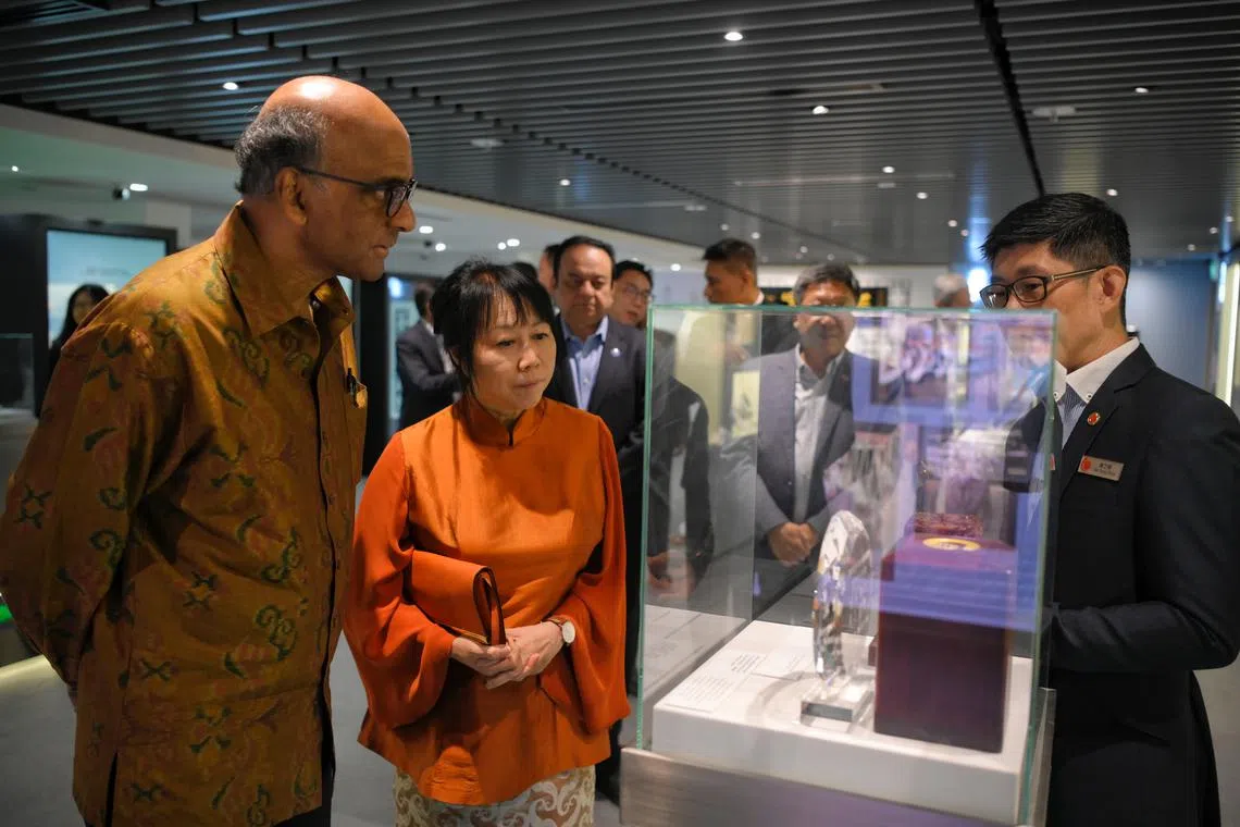 Mr Tharman Shanmugaratnam (left) and his wife his wife Jane Yumiko Ittogi at the SCCCI Chinese Business Culture Hub on July 21, 2023.