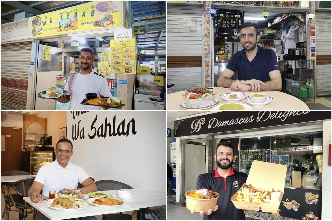 (Clockwise from top left) Mr Wael Ibrahim Ahmed Sonkor from Mr Kebab, Mr Fatih Karakas of Gaziantep Delight, Mr Abdulhadi Al Saadi of Damascus Delights, and Mr Alwee Bakhamis of Hadramawt Kitchen.