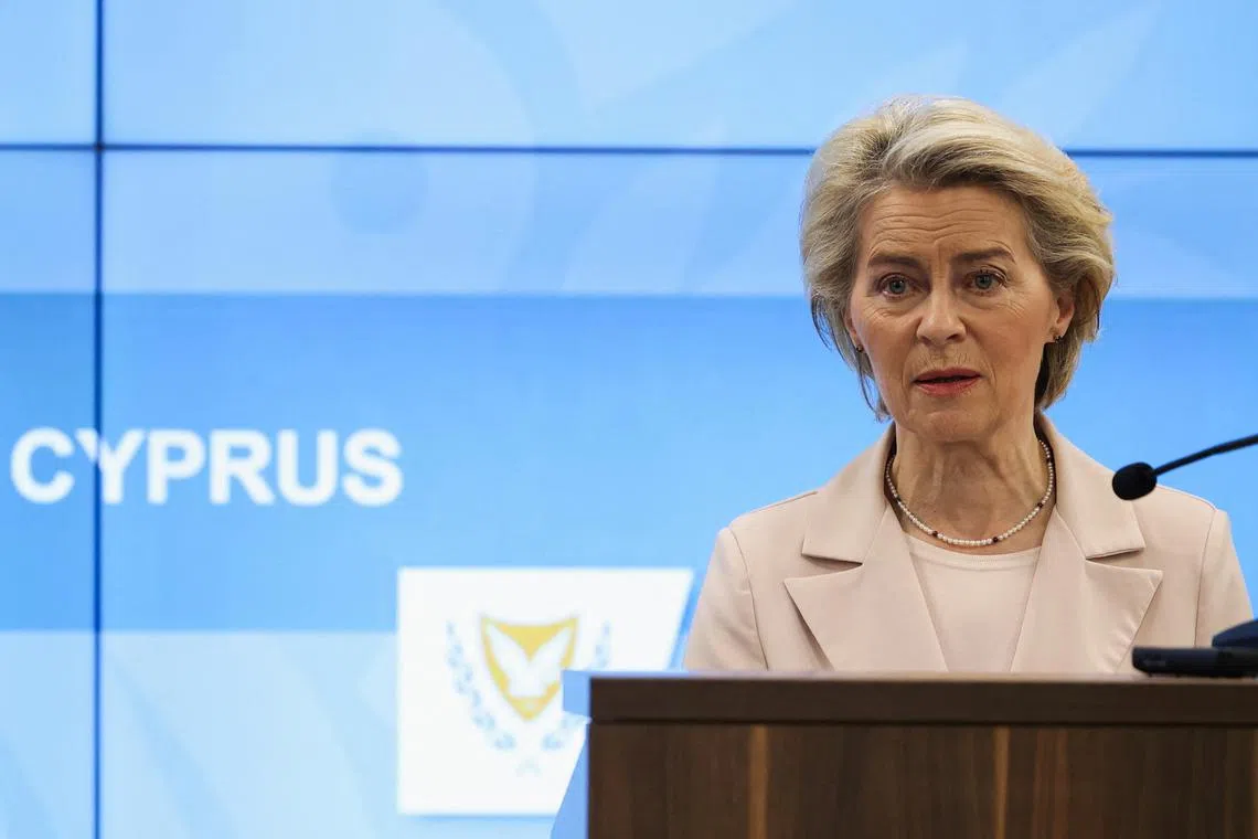 European Commission President Ursula von der Leyen speaks as she attends a press conference with Cypriot President Nikos Christodoulides (not pictured), at the Zenon Joint Rescue Coordination Center in Larnaca, Cyprus March 8, 2024. REUTERS/Yiannis Kourtoglou