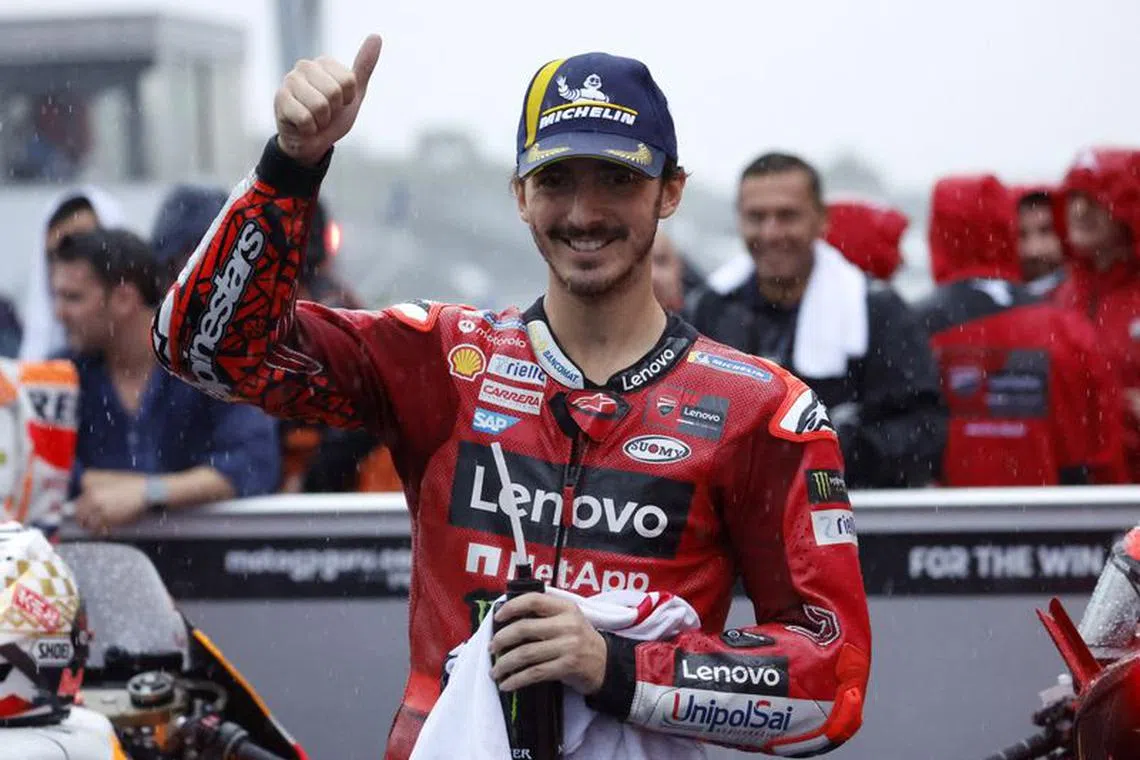 FILE PHOTO: MotoGP - Japanese Grand Prix - Mobility Resort Motegi, Motegi, Japan - October 1, 2023 Ducati Lenovo Team's Francesco Bagnaia celebrates after finishing second in the MotoGP REUTERS/Issei Kato/File Photo