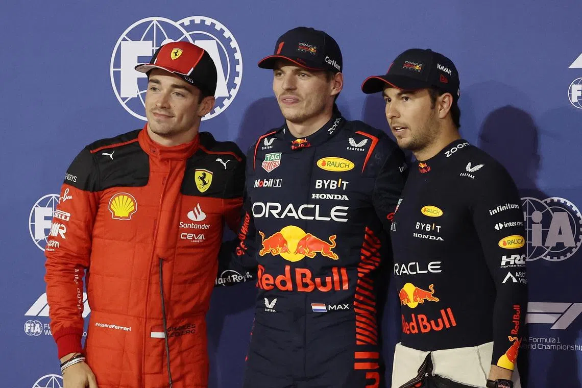 Bahrain Grand Prix pole-sitter Max Verstappen of Red Bull (centre), second-placed teammate Sergio Perez and third-placed Ferrari driver Charles Leclerc all see little benefit to the proposed tyre choice changes in qualifying. 