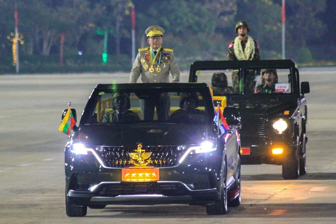 FILE PHOTO: Myanmar's military leader Senior General Min Aung Hlaing participates in a parade commemorating the 81st Armed Forces Day in Naypyidaw, Myanmar, March 27, 2026. REUTERS/Stringer/File Photo