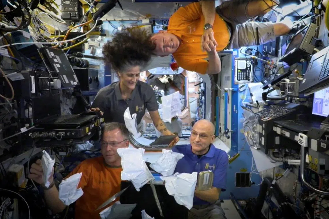 FILE PHOTO: NASA astronauts Sunita Williams, Nick Hague, Barry Wilmore, and Donald Pettit unbox Thanksgiving meals, from the International Space Station (ISS), in this screen grab taken from a handout video, released on November 26, 2024. NASA/Handout via REUTERS/File Photo