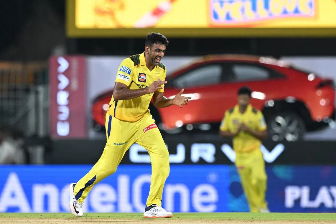 FILE PHOTO: Cricket - Indian Premier League - IPL - Chennai Super Kings v Mumbai Indians - M.A. Chidambaram Stadium, Chennai, India - March 23, 2025 Chennai Super Kings' Ravichandran Ashwin celebrates the wicket of Mumbai Indians' Will Jacks/REUTERS/Stringer/File Photo