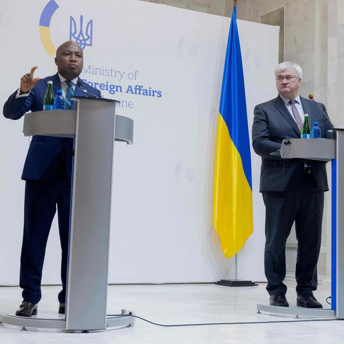 Ghana's Foreign Affairs Minister, Mr Samuel Okudzeto Ablakwa (left), speaking at a press briefing in Kyiv, Ukraine, on Feb 25, alongside his Ukrainian counterpart, Mr Andrii Sybiha.