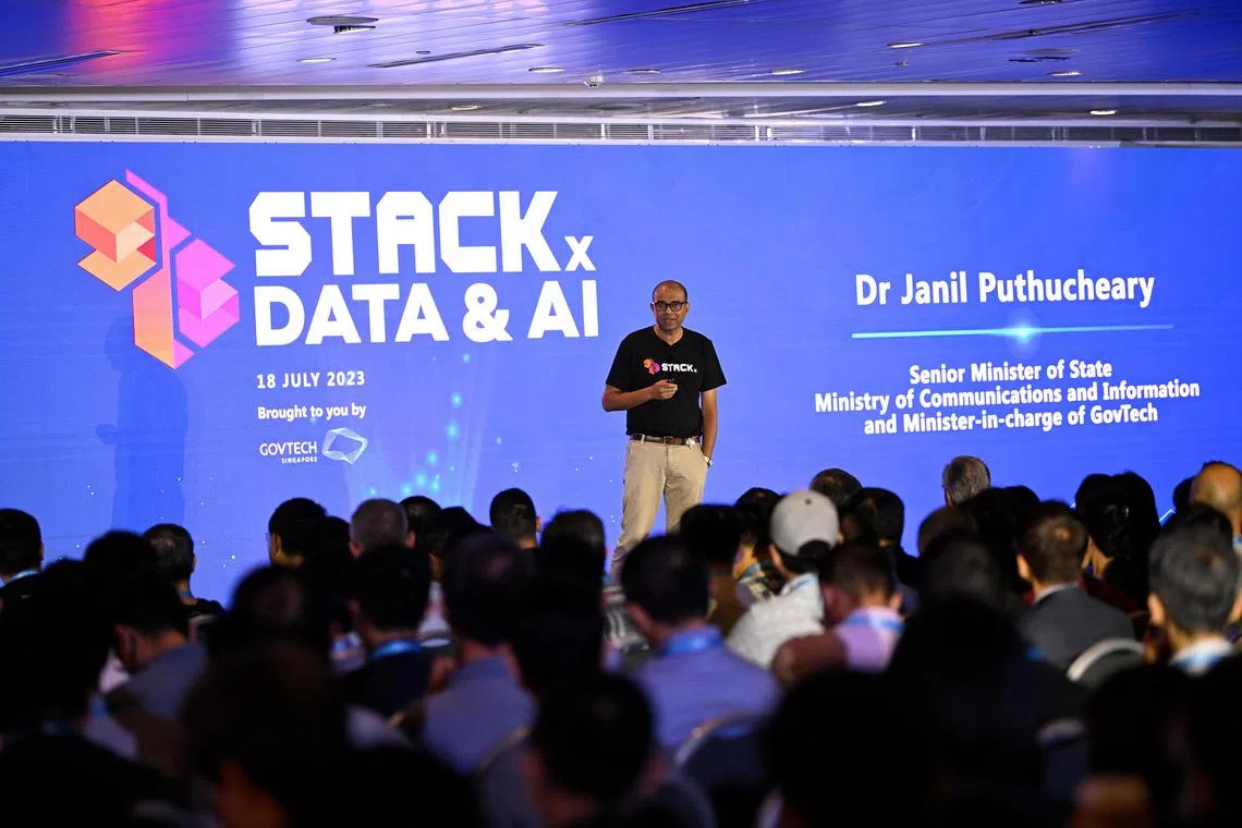 acgovtech18 - Senior Minister of State, Ministry of Communications and Information and Minister-in-Charge of GovTech Dr Janil Puthucheary delivering opening address of STACKx Data & AI 2023.

Credit: GovTech