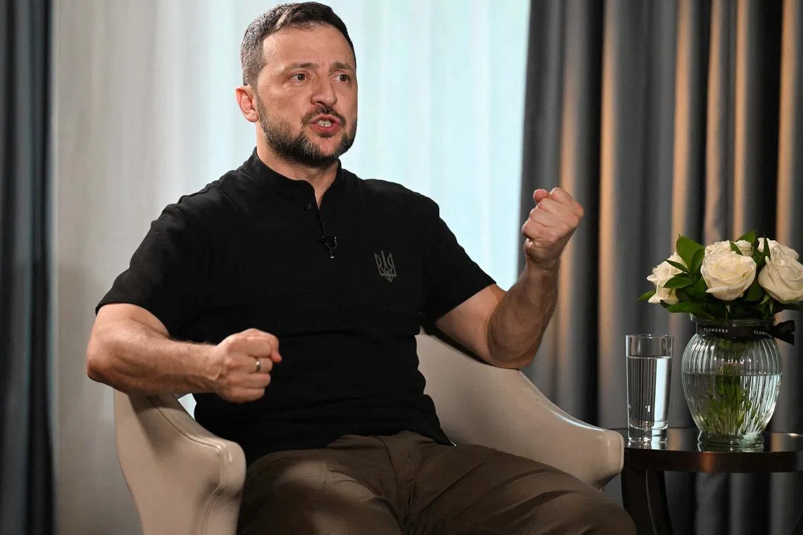 Ukraine's President Volodymyr Zelenskiy speaks during an interview with BBC Political Editor Chris Mason (not pictured) in London, Britain July 18, 2024. Jeff Overs/BBC/Handout via REUTERS
