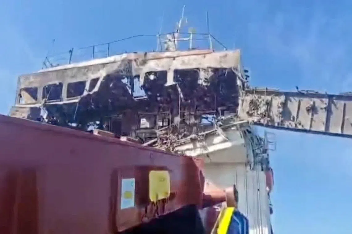 A cargo vessel identified as NATRA, damaged by a Ukrainian drone in an undefined location in Azov sea, is seen in this still image taken from a video released on June 5, 2026. Public Television of Azerbaijan/Handout via REUTERS