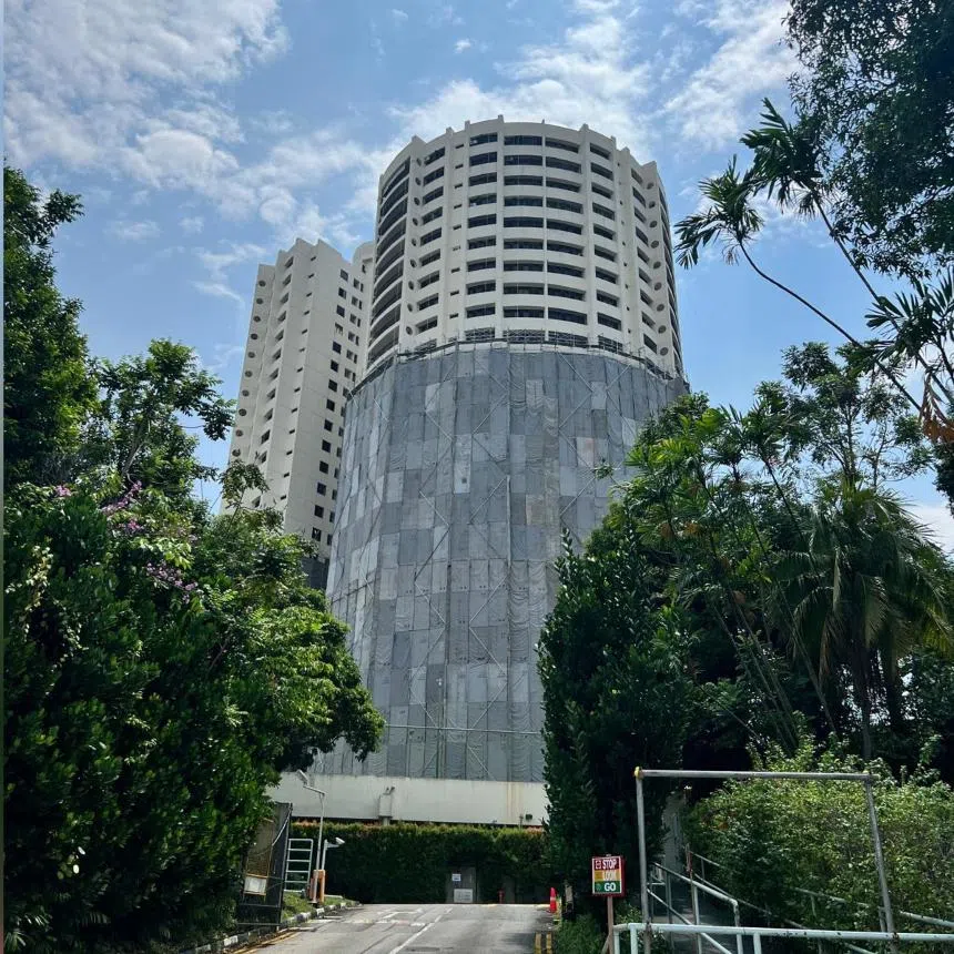 The main tower of Thomson View, the writer's old home, with tarpaulin cladding reaching ever higher, like a shroud being pulled up. 