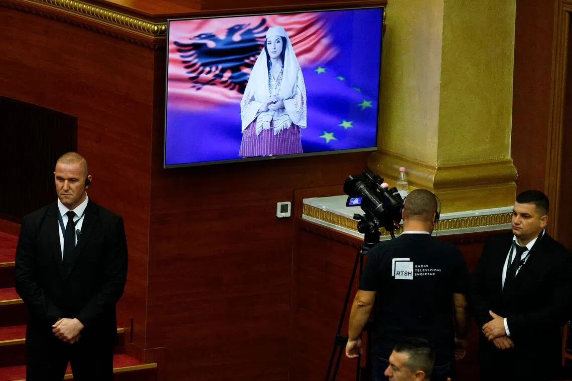 Albania's new AI-generated minister, dubbed Diella, addressing Parliament in Tirana on Sept 18.