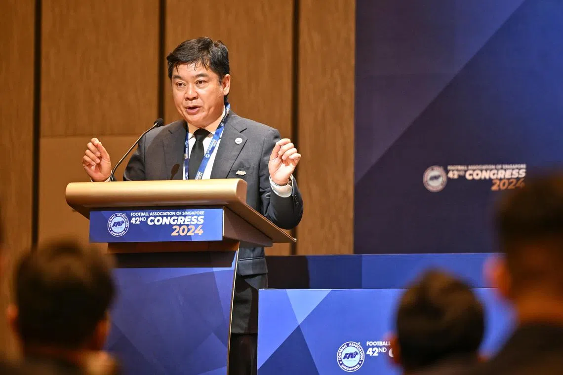 President of the Football Association of Singapore (FAS), Bernard Tan, delivers his speech at the event.

/Football Association of Singapore 42nd Congress 2024 at Sheraton Towers Singapore on Sep 16, 2024.