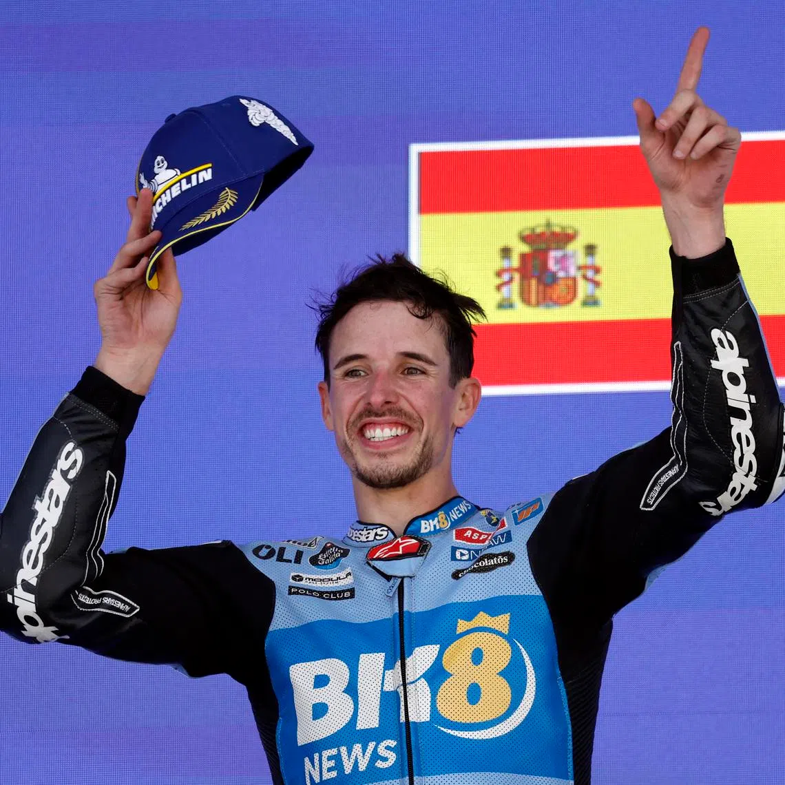 MotoGP - Spanish Grand Prix - Circuito de Jerez, Jerez, Spain - April 26, 2026 BK8 Gresini Racing MotoGP's Alex Marquez celebrates on the podium after winning the MotoGP race REUTERS/Jon Nazca