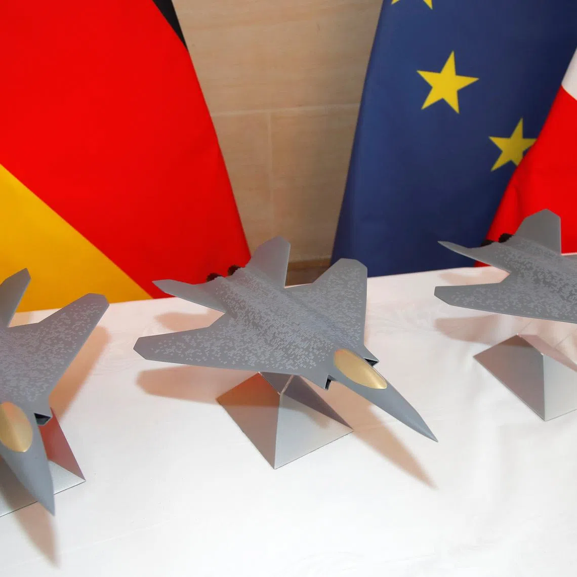 Scale models of the Franco-German-Spanish Future Combat Air System (FCAS/SCAF), Europe's next-generation fighter jet, seen in Paris, France.