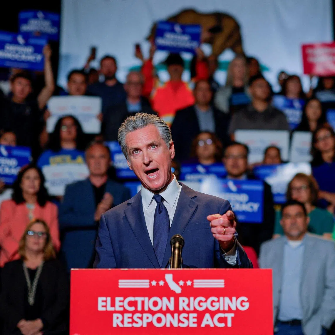 California Governor Gavin Newsom speaking as he announces the redrawing of California's congressional maps in response to a similar move in Texas being supported by US President Donald Trump on Aug 14. 