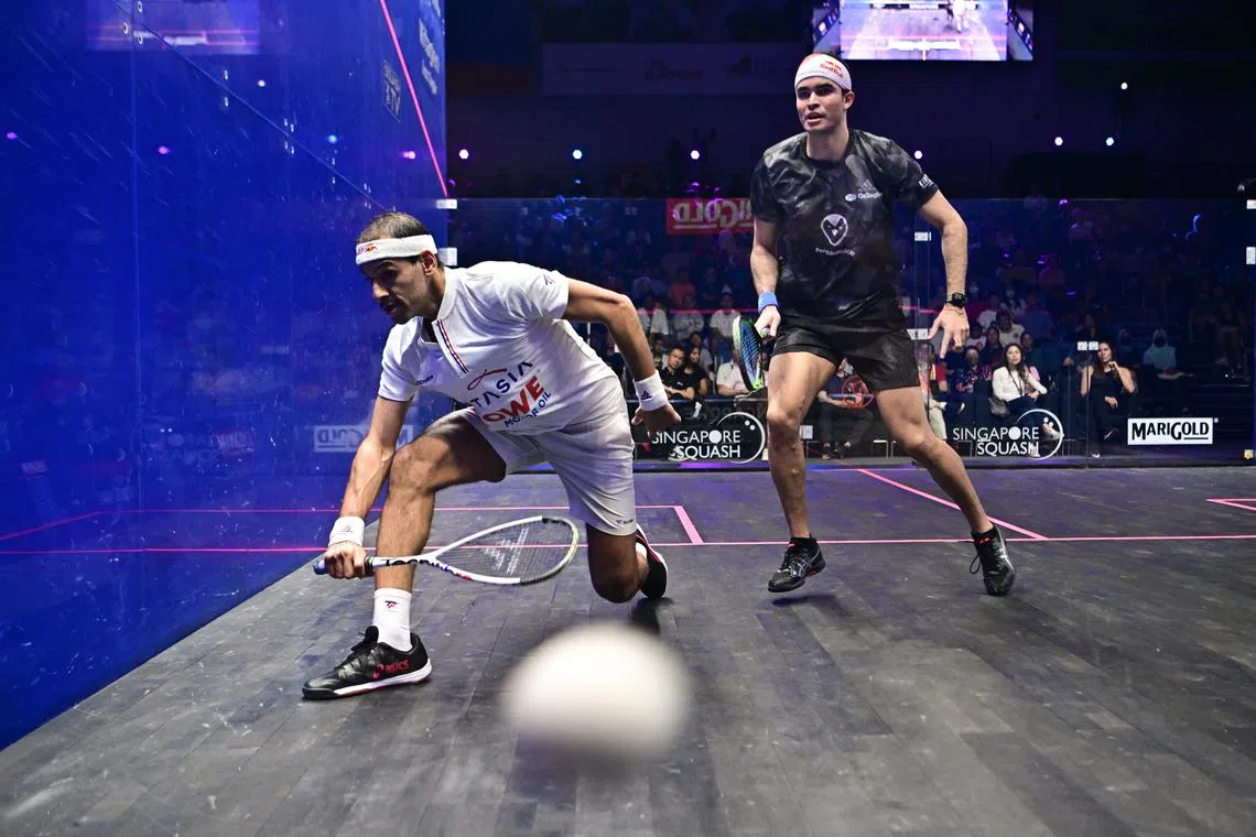 Mohamed El Shorbagy (in white) from England against Diego Elias from Peru during the final of the Singapore Squash Open at OCBC Arena on Nov 20, 2022. Mohamed El Shorbagy won 3-0. 

Singapore Squash Open is the first major international squash competition to be held in Singapore in 10 years. It is also the first-ever Professional Squash Association (PSA) World Tour Gold event to be held in Singapore. The event is organised by the Singapore Squash Rackets Association.