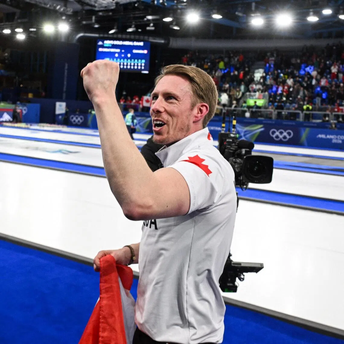 Marc Kennedy of Canada celebrating after beating Britain to the 2026 Milano-Cortina Winter Olympics men's curling goal at the Cortina Curling Olympic Stadium in Cortina d'Ampezzo on Feb 21, 2026.