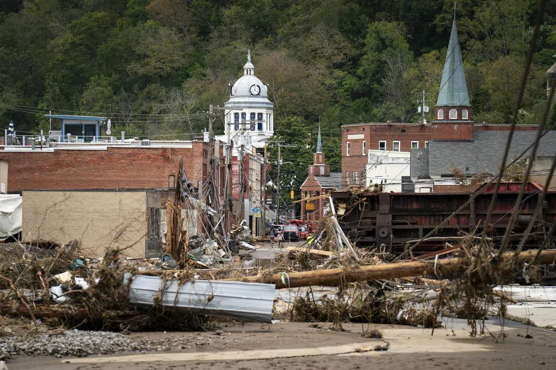 Wreckage caused by Hurricane Helene in downtown Marshall, North Carolina, on Sept 29.