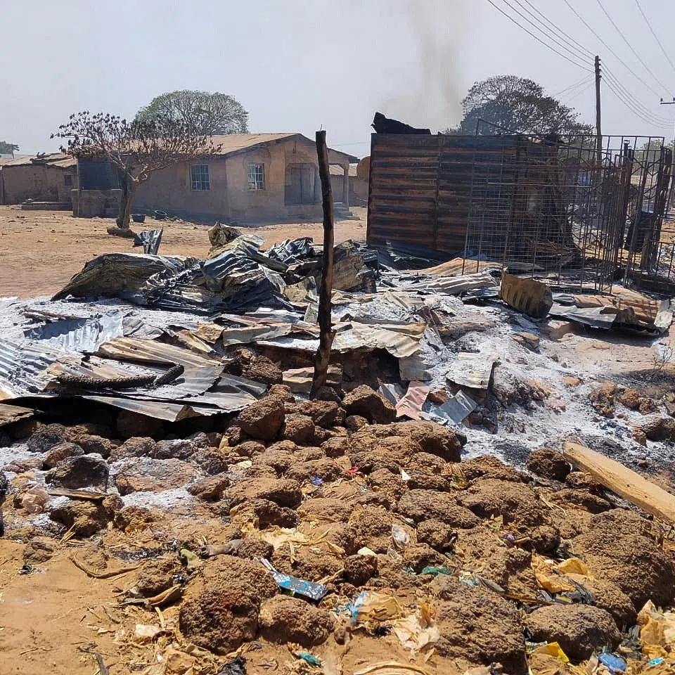 Burnt houses and shops in Woro community after an overnight attack by gunmen that killed dozens of residents, in Kaiama Local Government Area of Kwara State, Nigeria, February 4, 2026. Picture taken with a mobile phone. REUTERS/Oluseyi Dasilva
