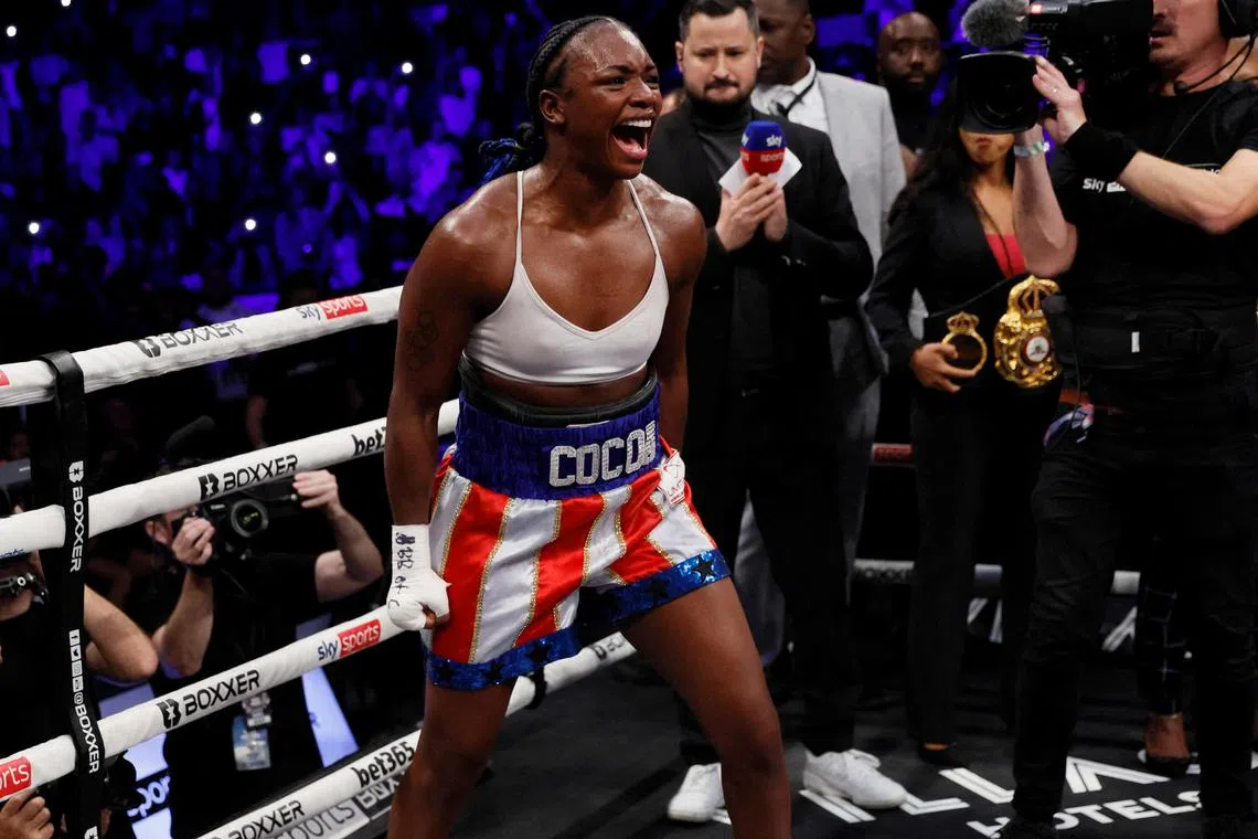 Claressa Shields celebrating after winning her fight against Savannah Marshall at the O2 Arena in London on Oct 15, 2022.