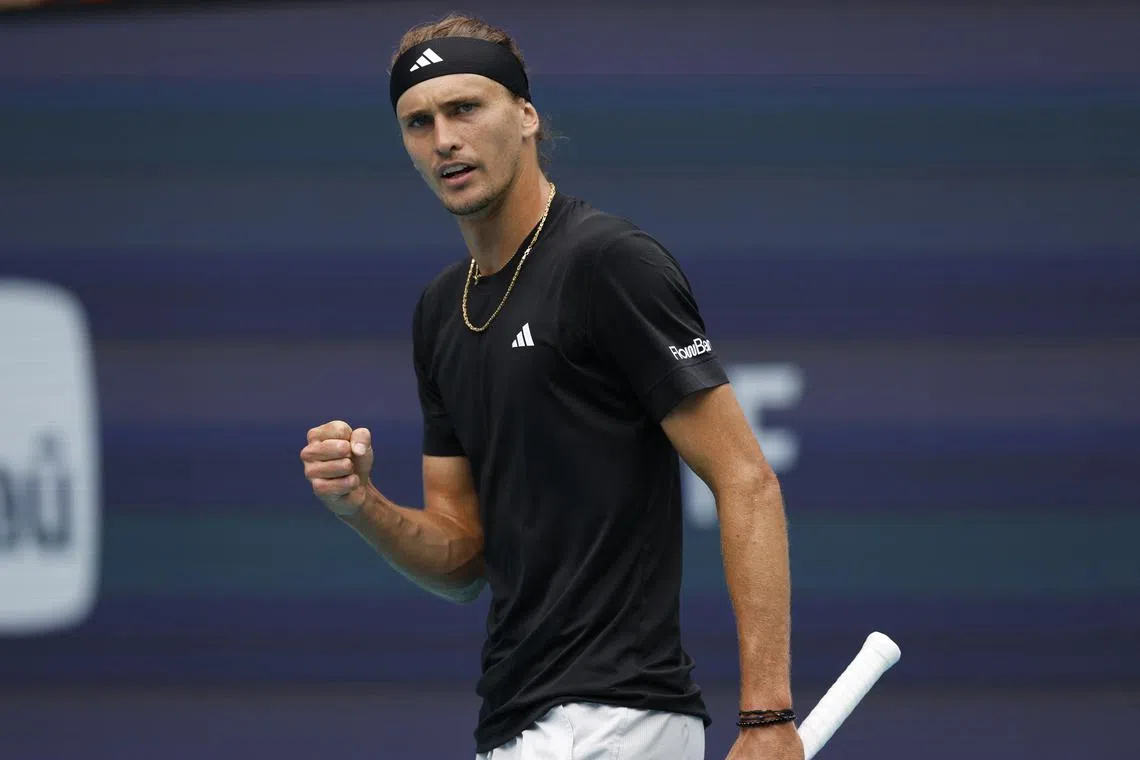 Mar 25, 2024; Miami Gardens, FL, USA; Alexander Zverev (GER) reacts after winning a game against Christopher Eubanks (USA) (not pictured) on day eight of the Miami Open at Hard Rock Stadium. Mandatory Credit: Geoff Burke-USA TODAY Sports