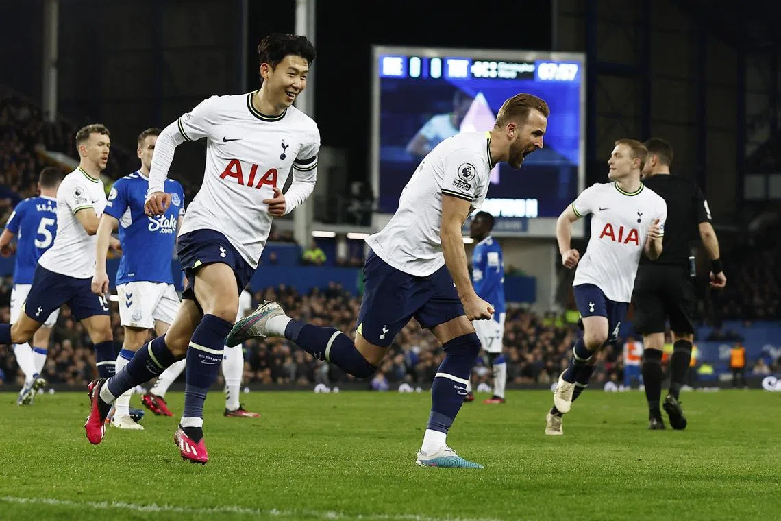 Soccer Football - Premier League - Everton v Tottenham Hotspur - Goodison Park, Liverpool, Britain - April 3, 2023
Tottenham Hotspur's Harry Kane celebrates scoring their first goal with Son Heung-min Action Images via Reuters/Jason Cairnduff EDITORIAL USE ONLY. No use with unauthorized audio, video, data, fixture lists, club/league logos or 'live' services. Online in-match use limited to 75 images, no video emulation. No use in betting, games or single club	/league/player publications.  Please contact your account representative for further details.