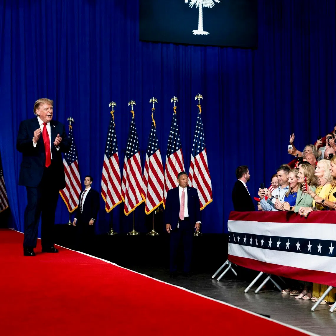 FILE — President Donald Trump gestures at a campaign rally for Sen. Darline Graham (R-S.C.) in Myrtle Beach, S.C., Aug. 21, 2026. The president’s strategy, message and spending have left the GOP in a difficult spot as lawmakers try to outrun his sagging approval ratings. (Alex Kent/The New York Times)