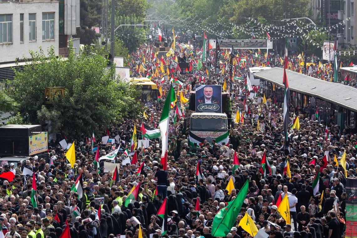 A large crowd of mourners for Ismail Haniyeh, a top political leader of Hamas, at his funeral in Tehran, Iran on Aug 1, 2024.