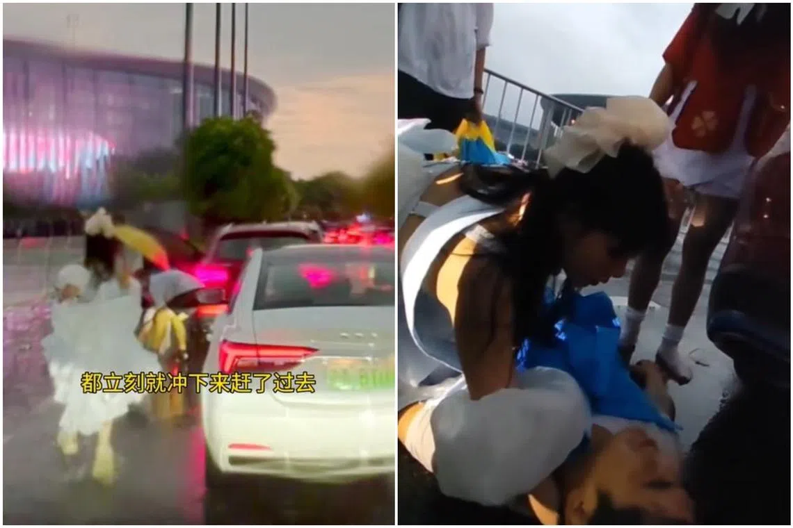 Ms Zhang Xinyu rushed out to help a man who had collapsed on the road while dressed in her anime princess costume.